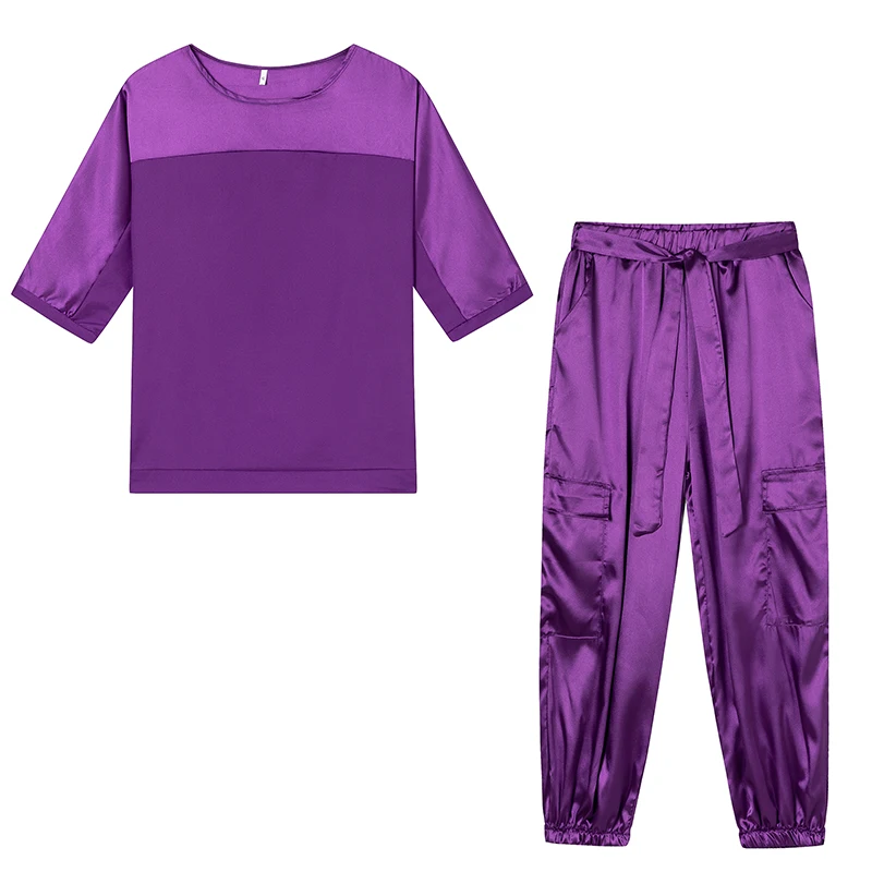 2024 Europäisches und amerikanisches grenzüberschreitendes neues modisches Damen-Kleidungsset aus glattem Satin mit halben Ärmeln, zweiteiliges Freizeit-Set – Detail 5