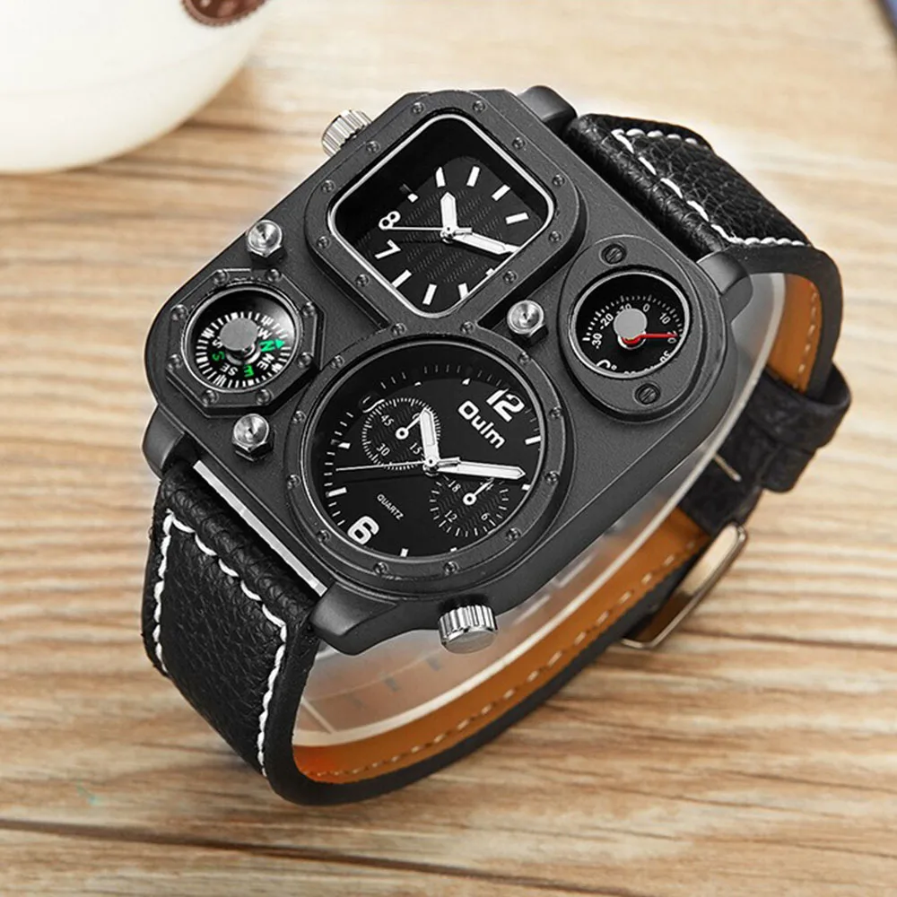 

Лидер продаж, деловые дизайнерские кварцевые часы для мужчин, модные мужские часы с черным кожаным ремешком Y2K Stlye, наручные часы с компасом и часовым поясом