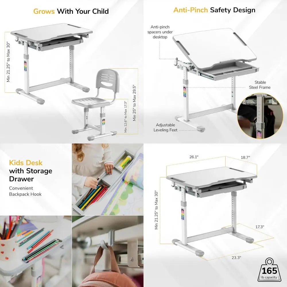 

Height-Adjustable Desk and Chair Set for Kids, Ergonomic Design, 26 x 18 Tabletop, Suitable for Ages 3-10, Grey