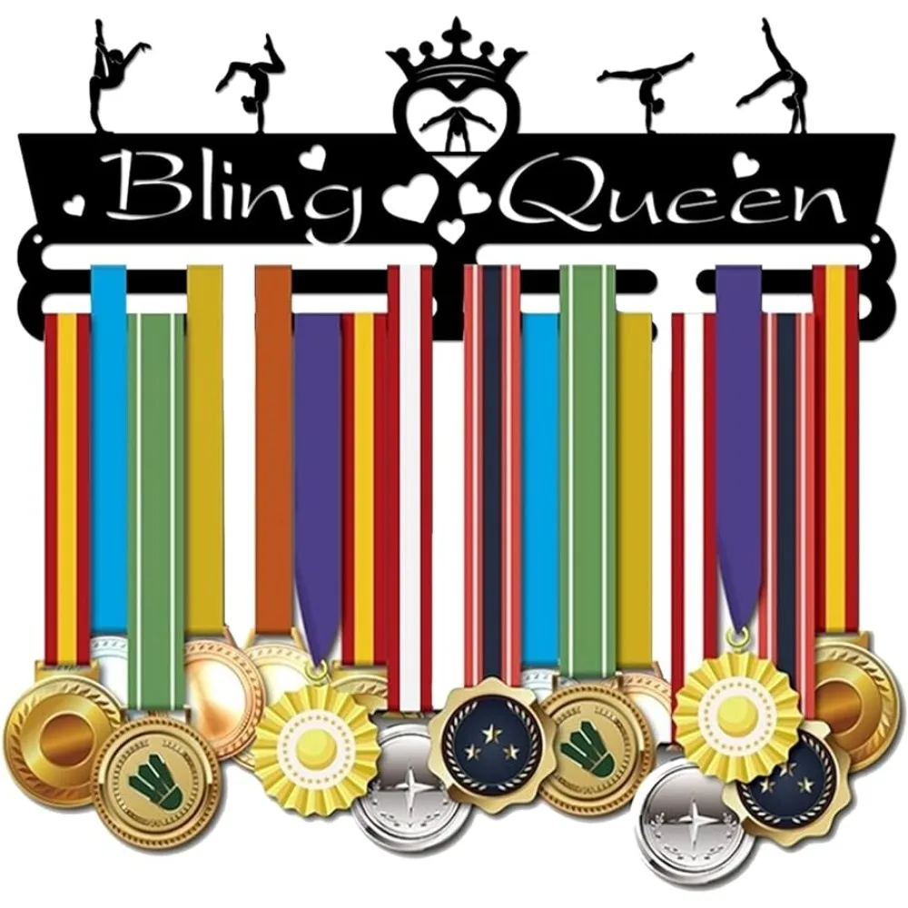 

Medal Holder Gymnastics Medals Display Motivating Word Bling Queen Black Iron Wall Mounted Hooks for Competition Medal Holder