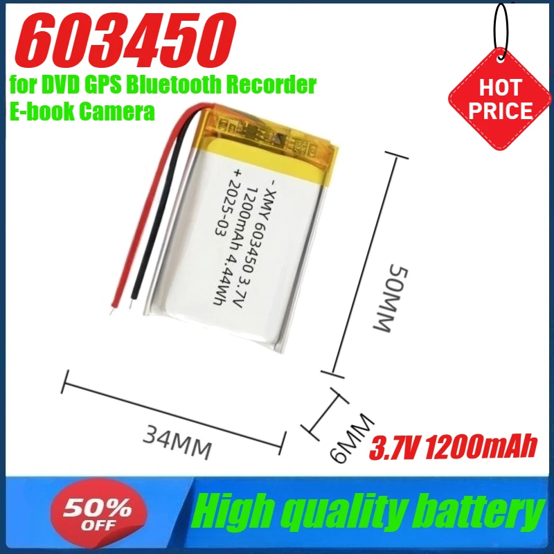 

3.7V 1200mAh 603450 Lipo Polymer Lithium Rechargeable Battery for DVD GPS Bluetooth Recorder E-book Camera
