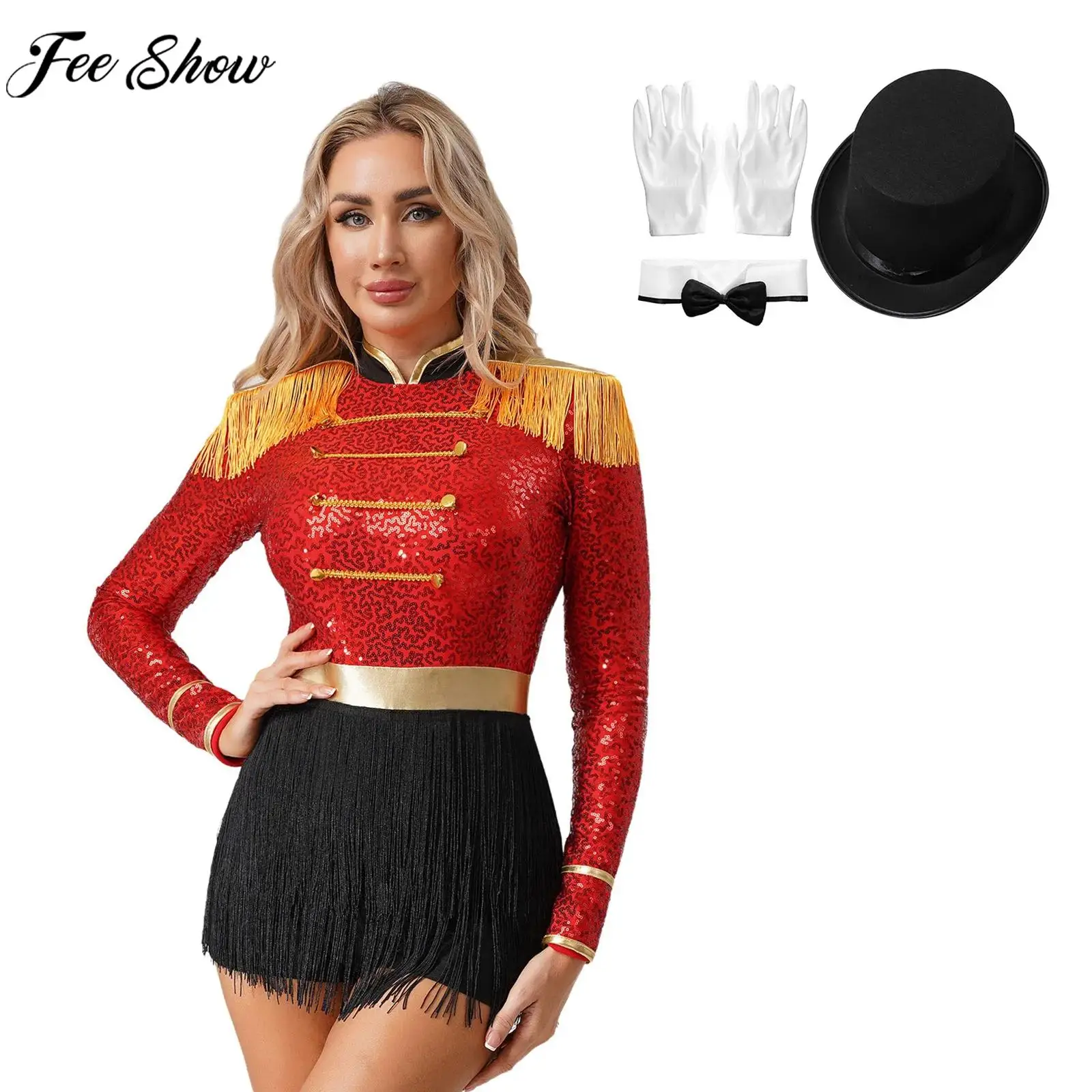 

Women Circus Ringmaster Magician Cosplay Costume Long Sleeve Sequin Fringe Bodysuit with Hat Bowtie Glove for Halloween Carnival