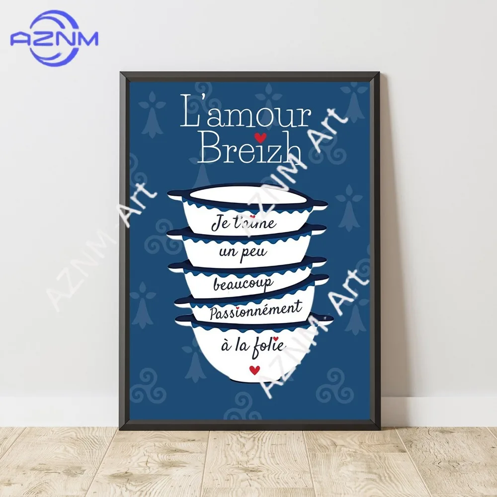 Rahmenloses Poster mit bretonischer Schale und französischem Thema „Love Breizh“, bretonische Regionalsymbole, Leinwanddruck mit böhmischer Landschaft