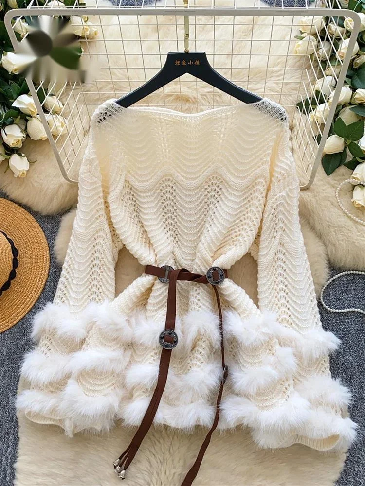 

Модный пушистый длинный вязаный топ для женщин с длинными рукавами, ажурный, высококачественный, с открытыми плечами, меховой, сексуальный, свободный свитер