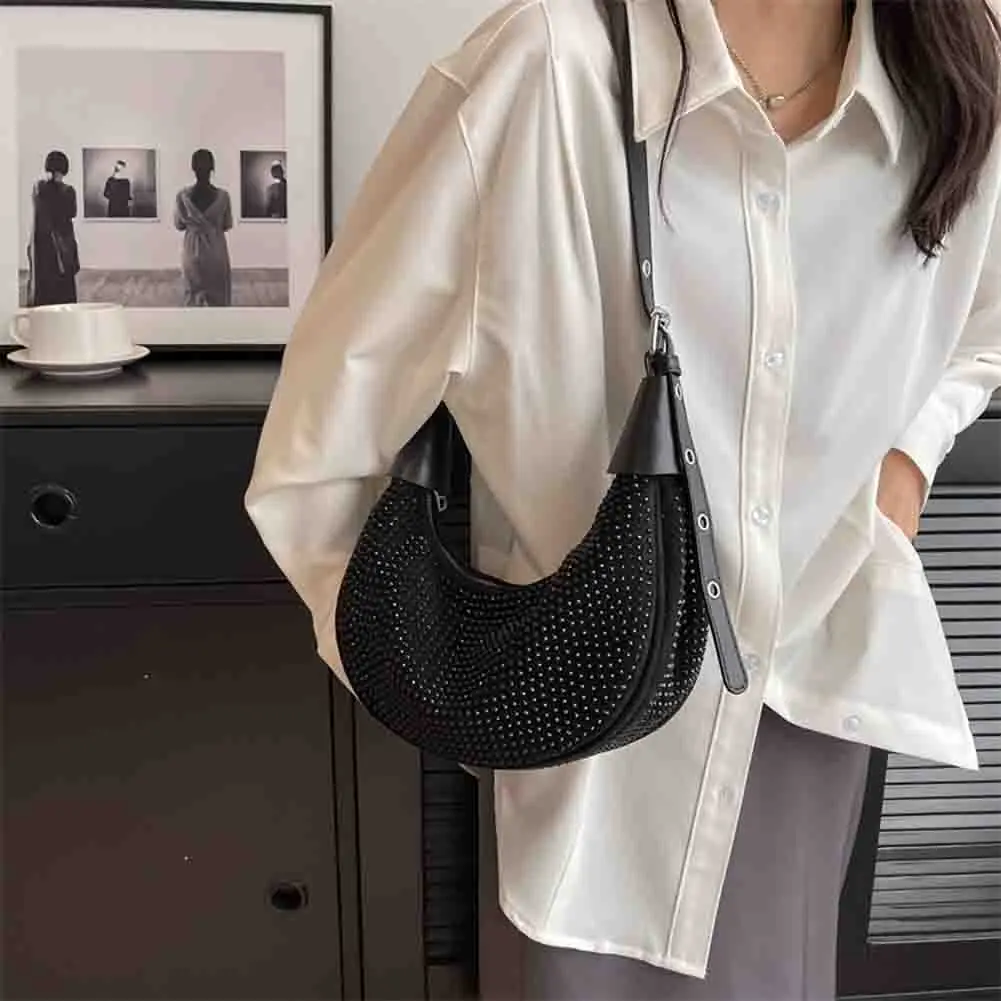 Fashion Rhinestones Crescent Underarm Bag PU Leather Women Tote Bag Elegant Shoulder Bag Luxury Women Bags Brands Designer Bag