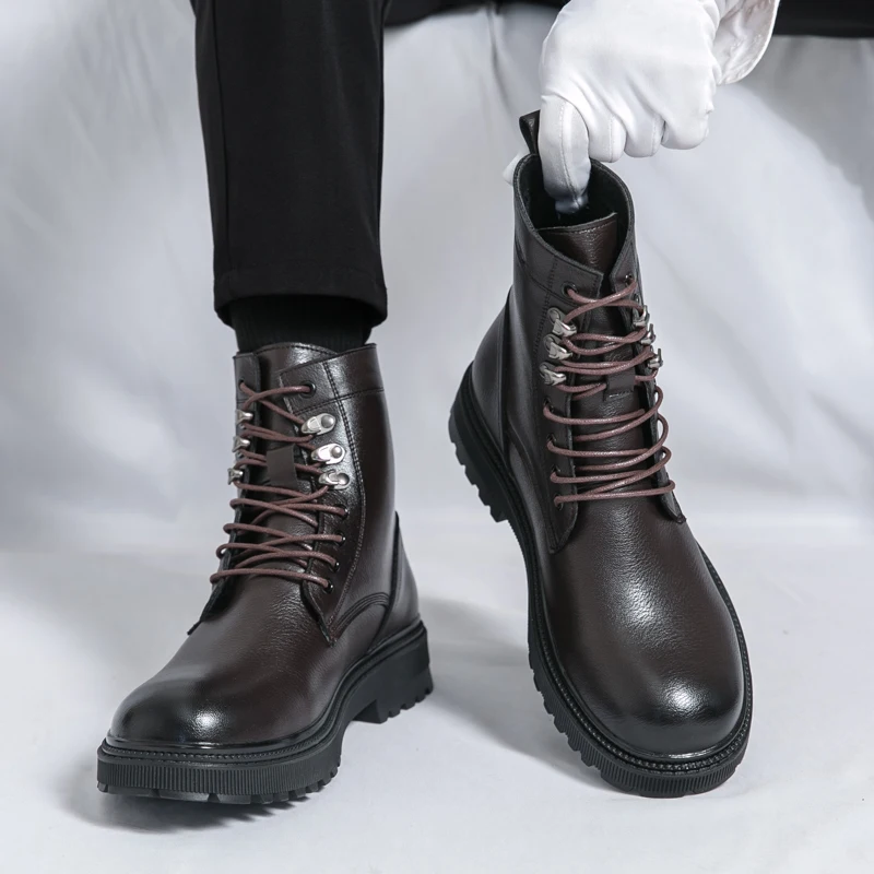

Boots Men PU Black Brown Thick Soled Durable Training Boots with Lace Up Business Brand Chelsea Boots Size 38-45 Men Boots