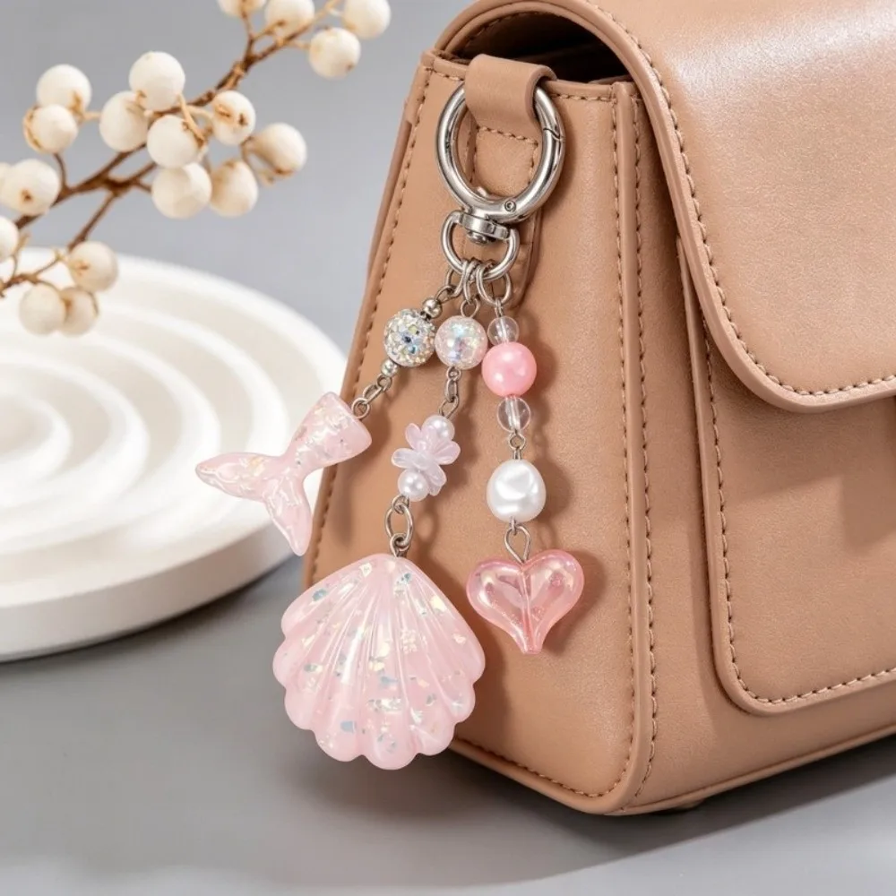 Beaded Shell Shell Phone Charm Pearl Beads Shining Shell Shell Keychain Fishtail Sequin Heart Shining Mermaid Keychain