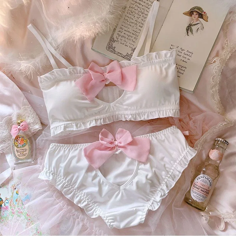 

Kawaii Lolita Bra and Panty Set Pink Lingerie Cute Japanese Milk Silk Bra & Panties Set Wirefree Soft Underwear Set