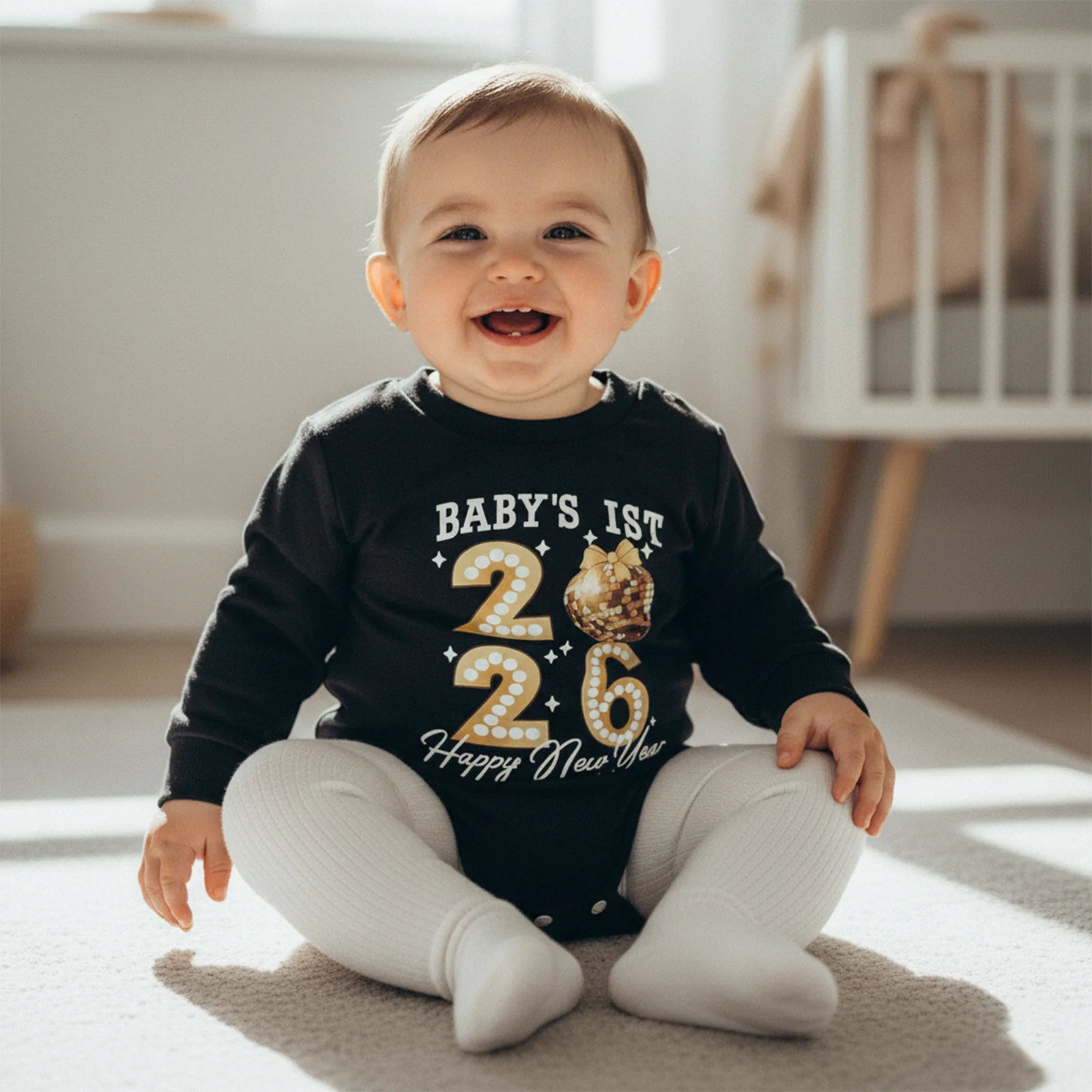 2026 جديد الرضع طفل السنة الجديدة رومبير رسائل عصرية مطبوعة جولة الرقبة طويلة الأكمام بذلة