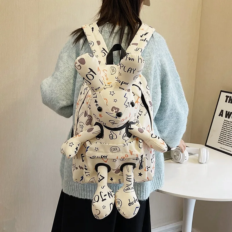 かわいいウサギ人形バックパック負荷軽減脊椎保護大学生用デュアルショルダーバッグナイロン素材旅行用