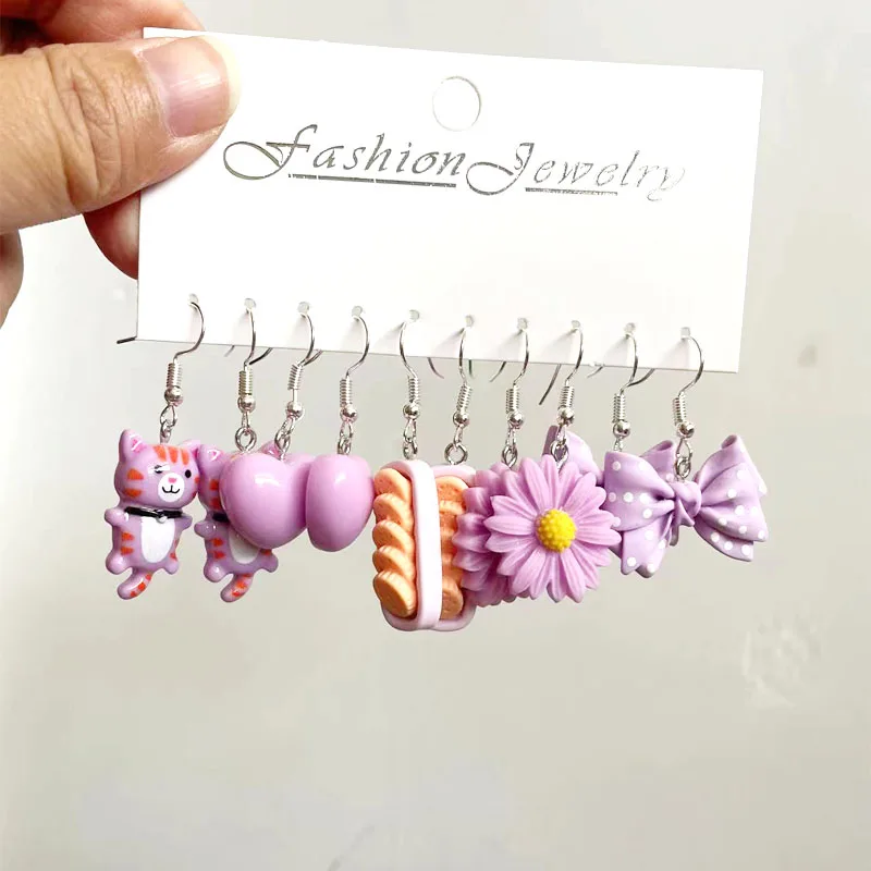 5 Pair Set Small Fresh Colored Resin Pendant Earrings Art Sweet and Cute Fruit Animal Milk Tea Earrings Female