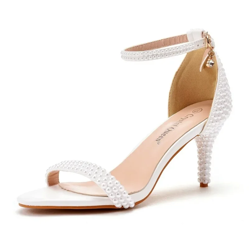 Wedding Party Sandals Women Pearl Decoration Buckle Strap 9.5CM Thin Heels Cover Heel Bridesmaid Women Shoes White Stiletto