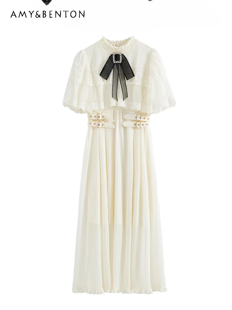 

Rojita Mine Series Mass Production Cape Half-sleeved Lace Dress Women Elegant Temperament Lolita High Waist Mid-length Dresses