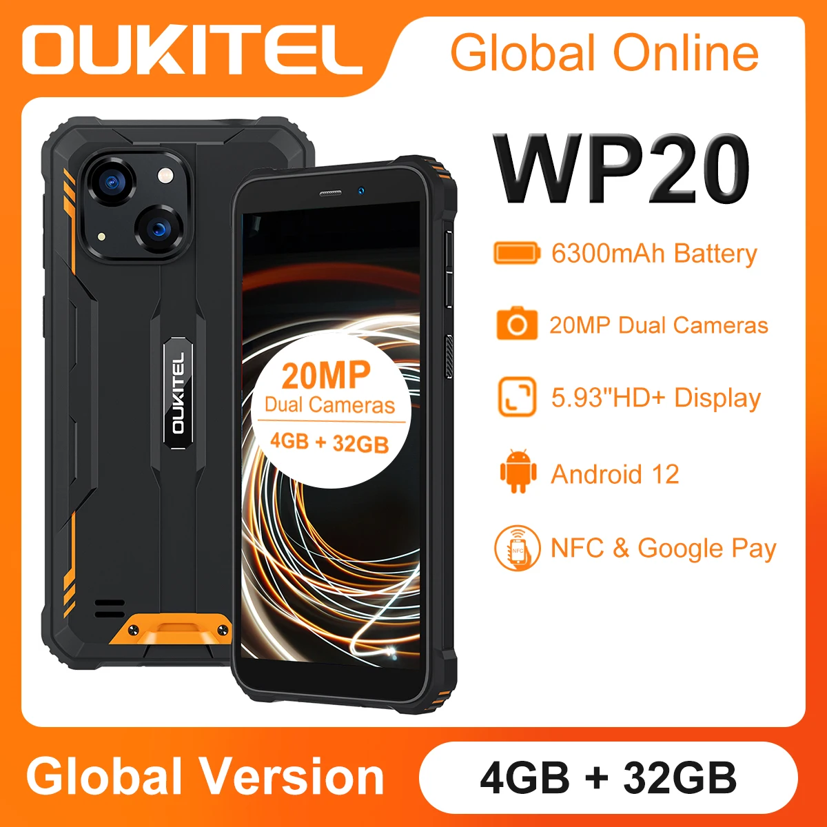 OUKITEL WP20 5.93'' HD+ Rugged Smartphone 4G+32G 6300 mAh Android 12 IP68&IP69K Mobile Phone Quad Core 20MP Cameras Cell Phone