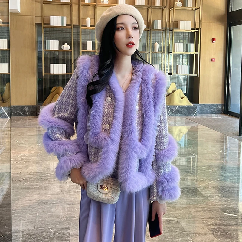 Elegant Lady Woolen Fur Jacket Purple Faux Fur Jacket High Quality 2023 Autumn Winter Fur Cardigan Coat Women Street Outerwear