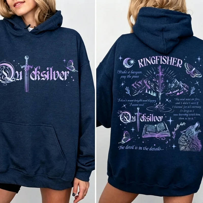 Kingfisher Quicksilver Book Inspired Fantasy Sword Moon Wolf Butterfly Witchy Quote Gothic Dark Academia Gift Winter Hoodie Tops