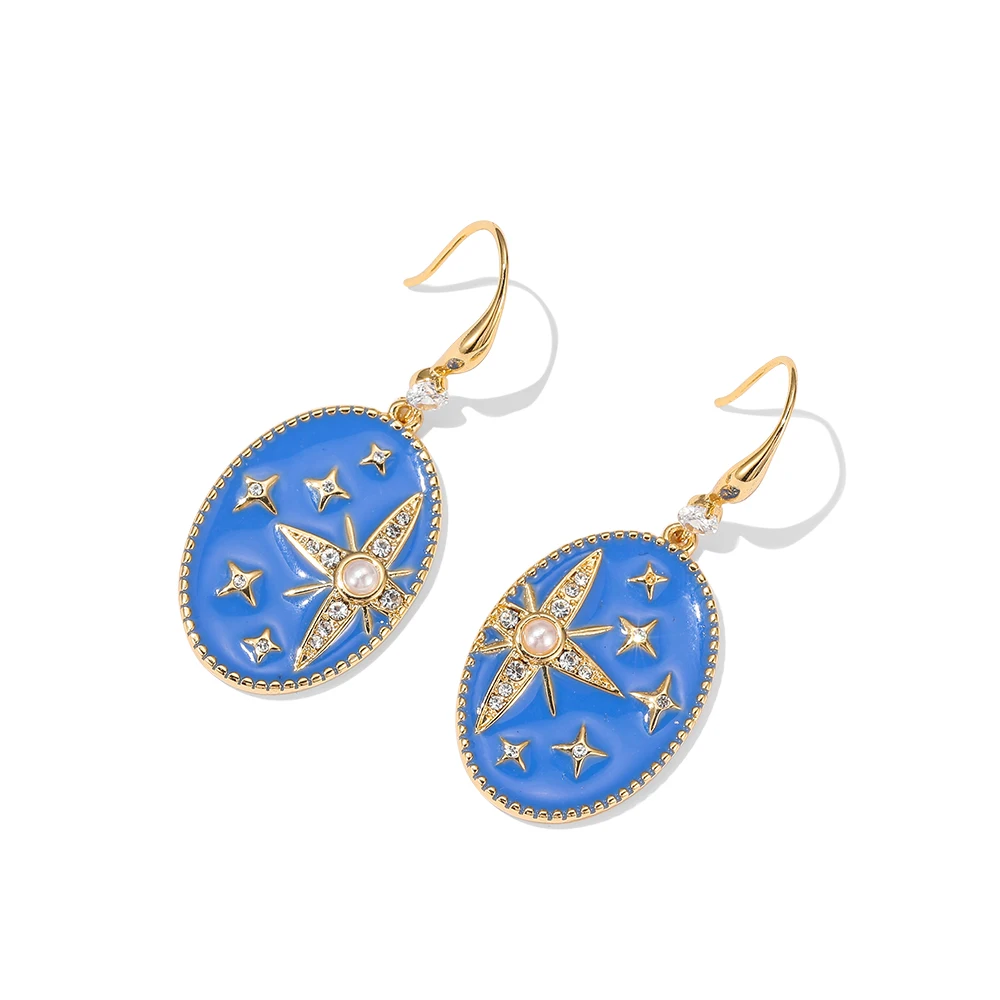 

Luxury and high sense enamel glaze blue oval card earrings temperament Joker Pearl star jewelry women's holiday gift.