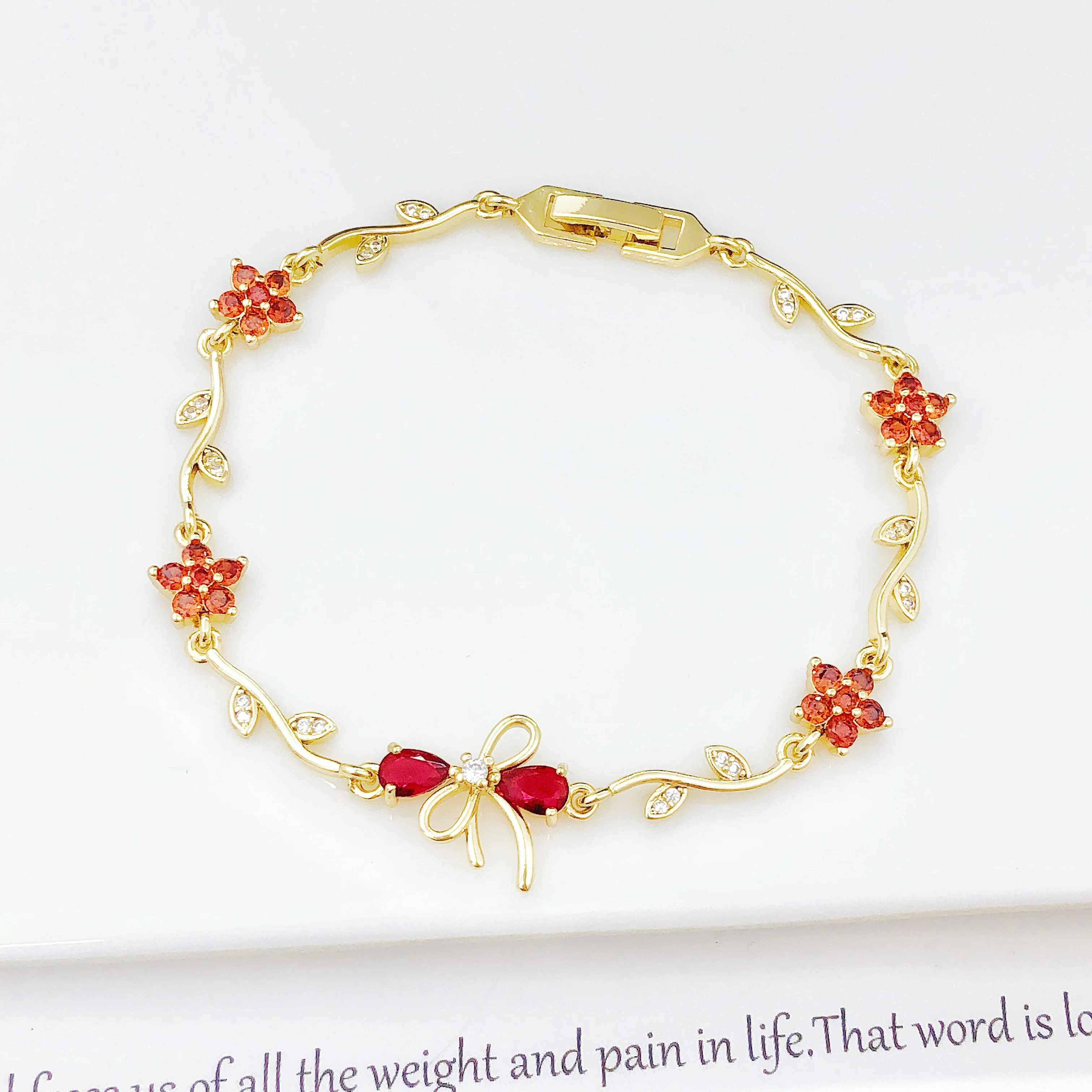 Cute Butterfly Bow Flower Crystal Bracelet Women Gold Plated Leaf Chain Dainty Zircon Bracelet Wedding for Party Jewelry Gift