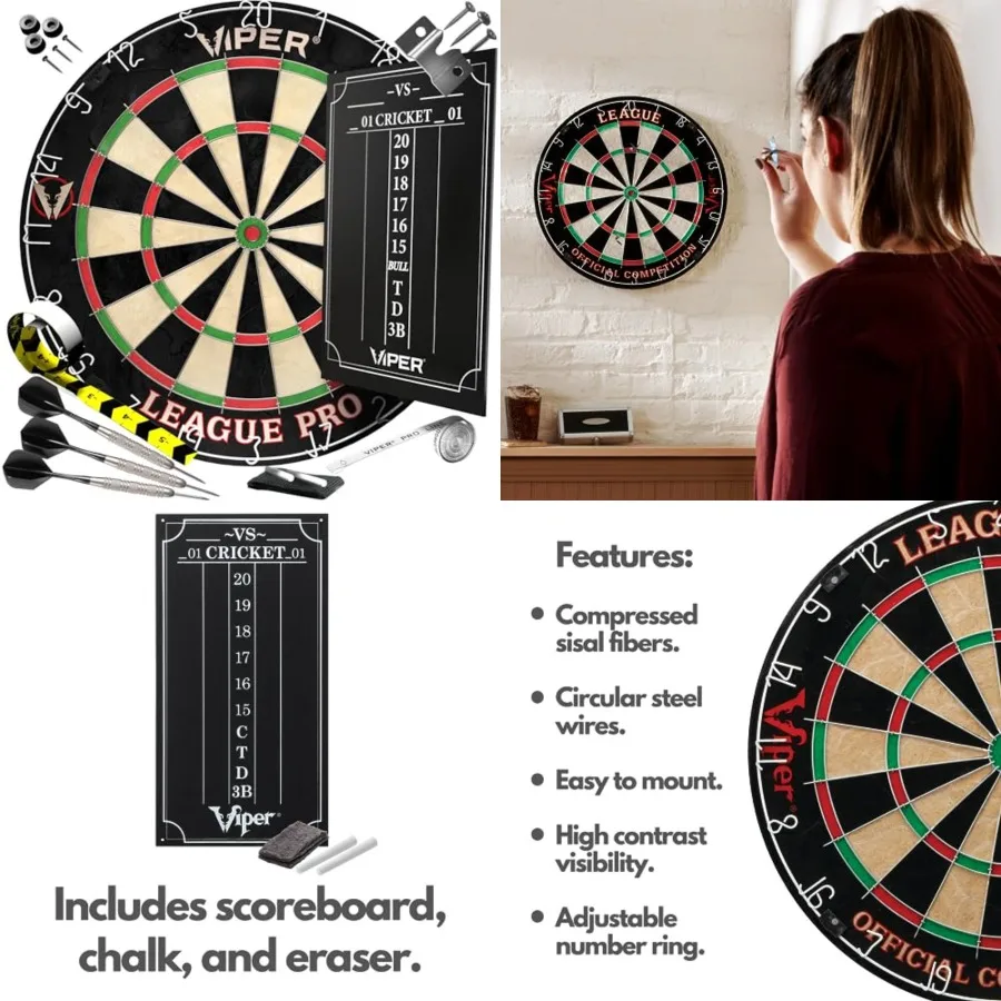 Viper League Pro Regulation Bristle Steel Tip Dartboard Starter Set with Staple-Free Bullseye, Radial Spider Wire, High-Grade S