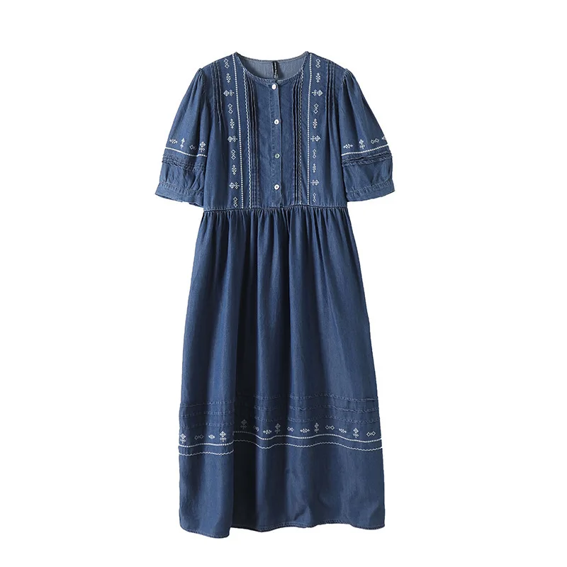Nieuwe zomer tencel denim jurken met lantaarnmouwen, dames O-hals borduurwerk, Mori Girl Retro OL casual losse jurk D56128CC