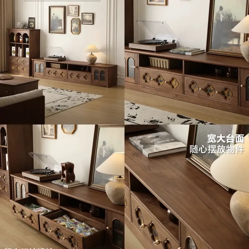 Walnut Finish Solid Wood TV Stand French Style Living Room Media Console Storage Cabinet Integrated Entertainment Unit