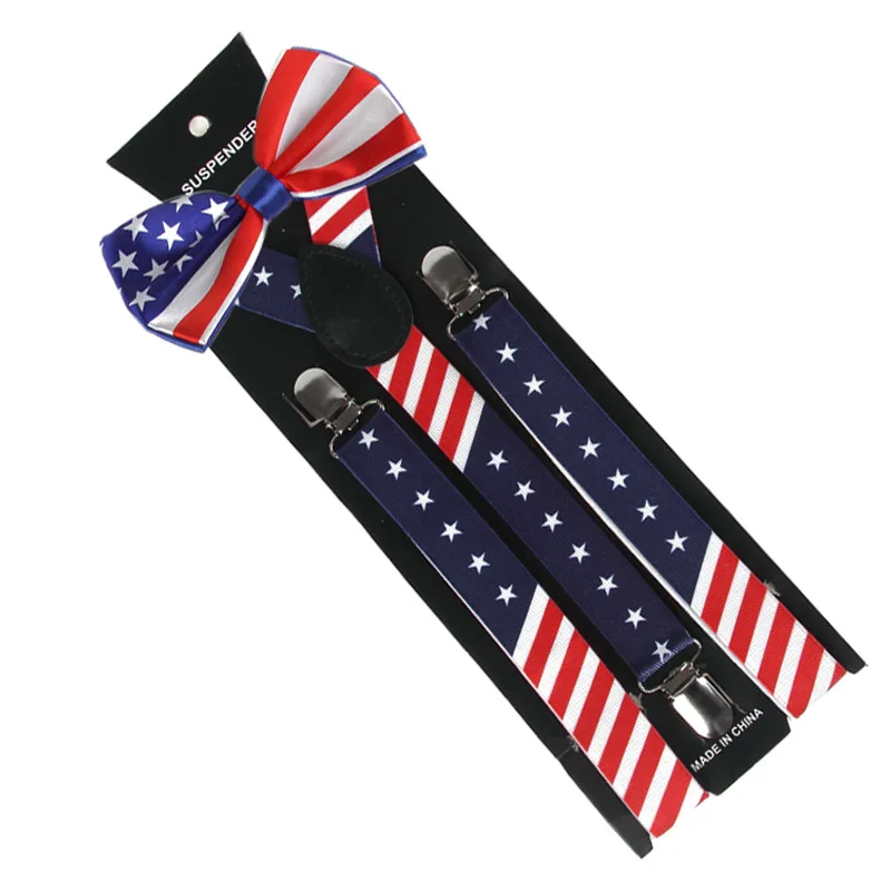 2pcs American Independence Day Adult Suspenders Clip + Bow Tie Set 2.5cm 3 Clips Unisex Suspenders Casual Party braces