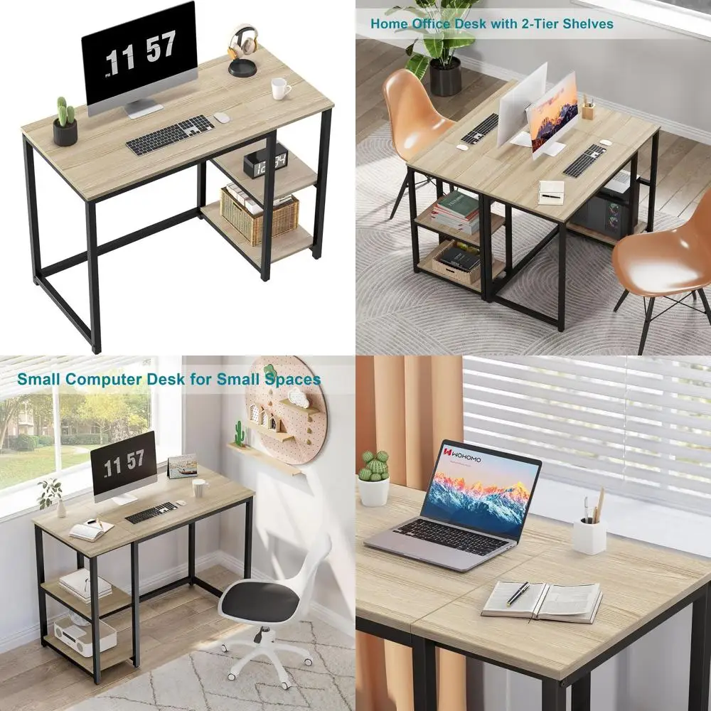 

40 Oak Study Desk with Shelves, Durable Light Wood Laptop Table for Gaming and Writing, Beige