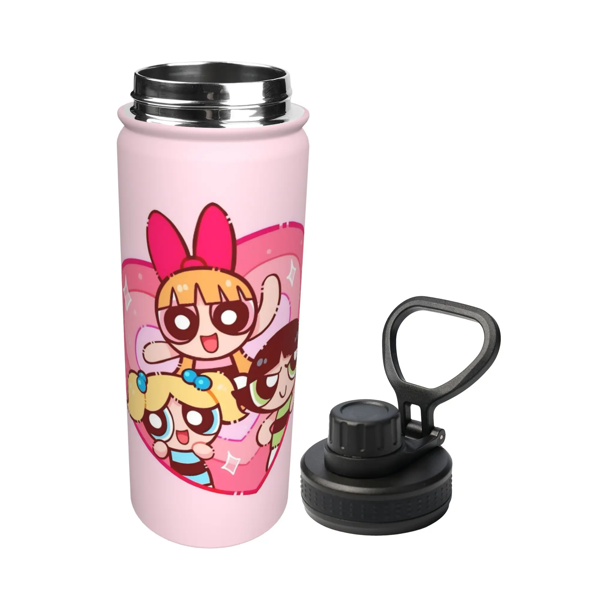 P-Powerpuffs Girl Cartoon 18OZ Sports Insulated Kettle  Coffee Cups Stainless Steel Travel Outdoor Mug Water Bottle