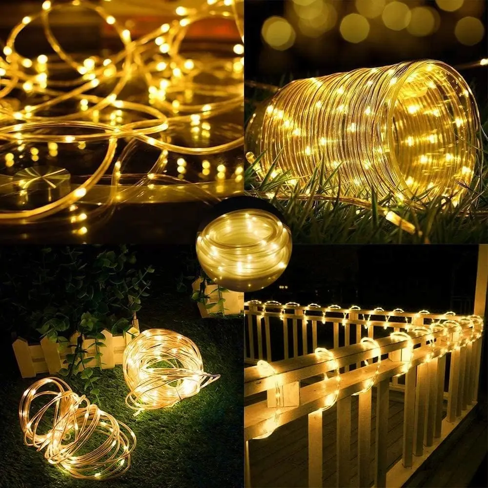 1 Roll 100leds/200leds Solar Outdoor Rope Light, 8 Modes Large Powered Tube, Remote Control Timer String Lights,