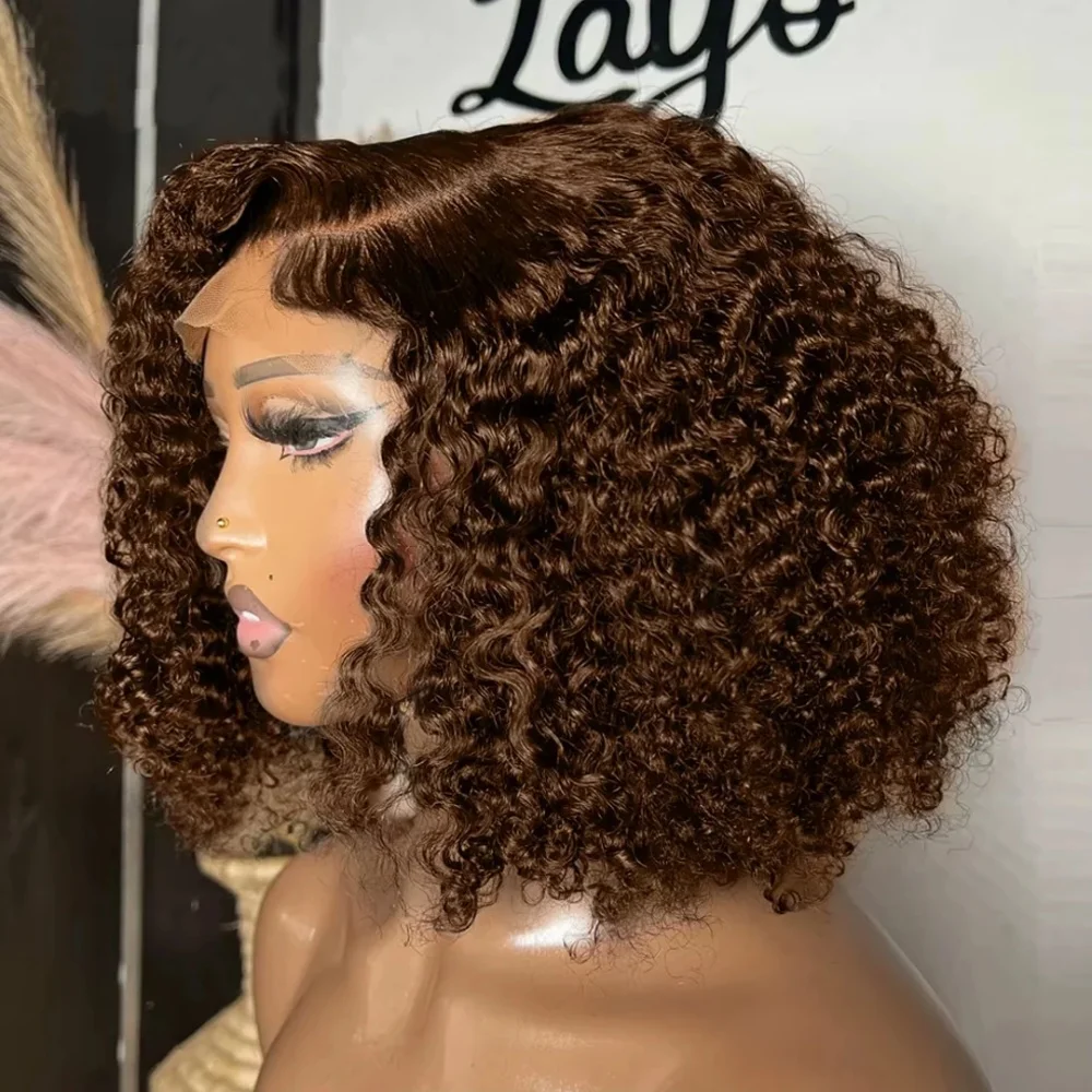 

Brown Bob Jerry Curly Bob Wigs Brazilian Remy Human Hair 13x4 Lace Frontal Chocolate #4 Color Deep Wave Bob Wig For Women