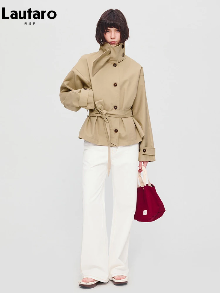 Lautaro Spring Autumn Short Khaki Trench Coat for Women Scarf Collar Single Breasted Elegant Chic  Luxury Designer Clothes 2026