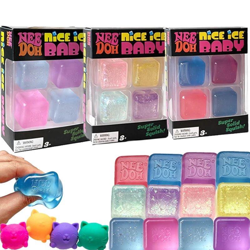 Needoh Mini Cube 4 Pack Nice Ice Baby Sensory Therapy Toy Calm Down ADHD Non-toxic Anxiety Relief Mood Regulation Squeeze Gift