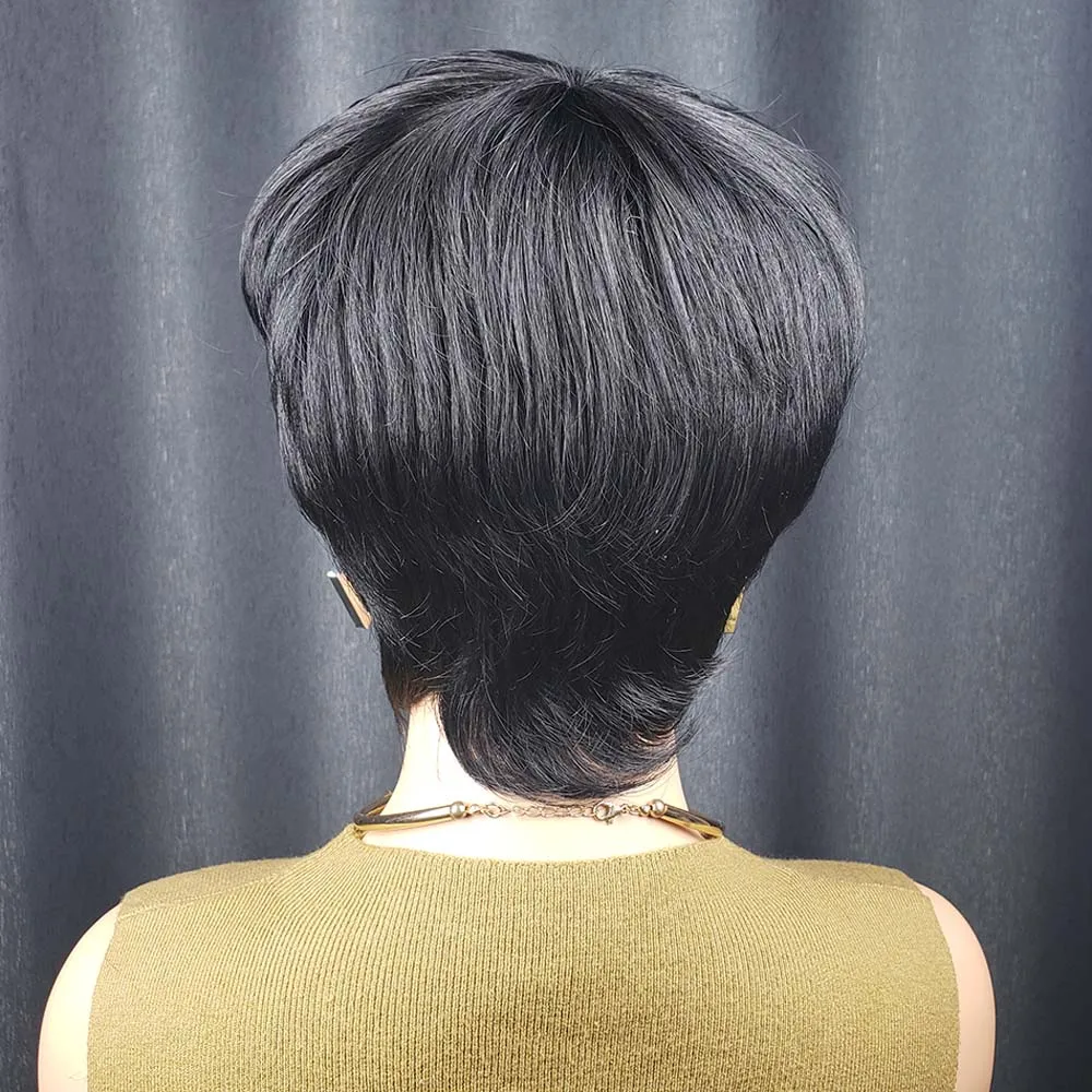 여성용 픽시컷 인모 가발, 짧은 레이어드 픽시컷 스트레이트 가발, 브라질 레미 머신메이드 가발, 내추럴 블랙 색상