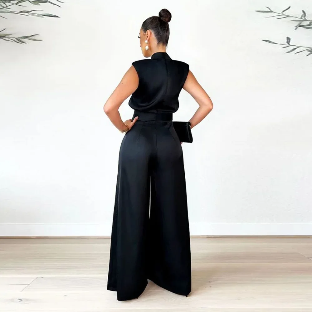 2024 Fashion Woman Party Jumpsuit Solid Sleeveless High Waist Wide Leg Rompers Club Office Ladty Vintage Pants