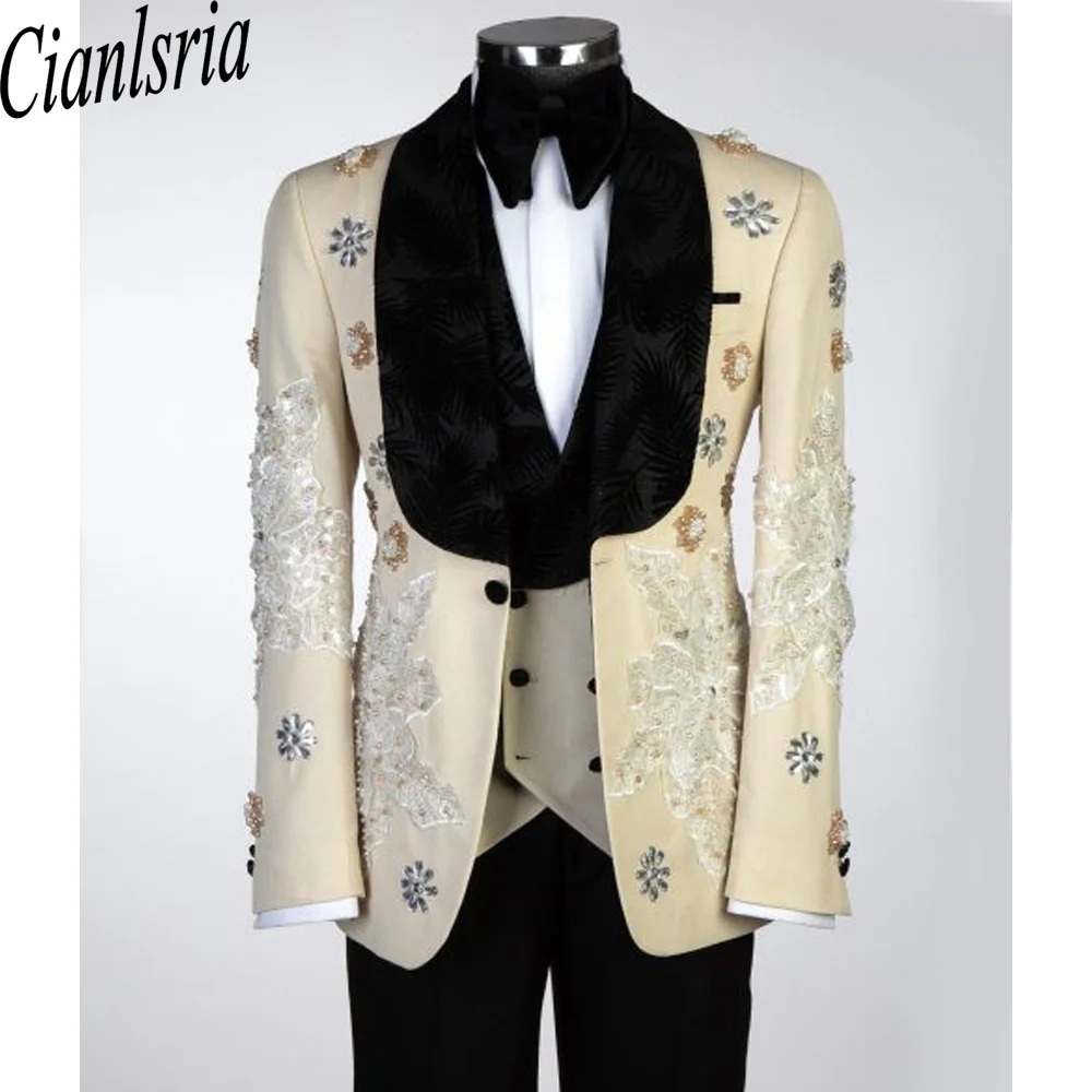 Men's Luxury Champagne Tuxedo Suit Embroidered Applique Beaded Floral Blazer Slim Fit Black Velvet Shawl Lapel Wedding Groom