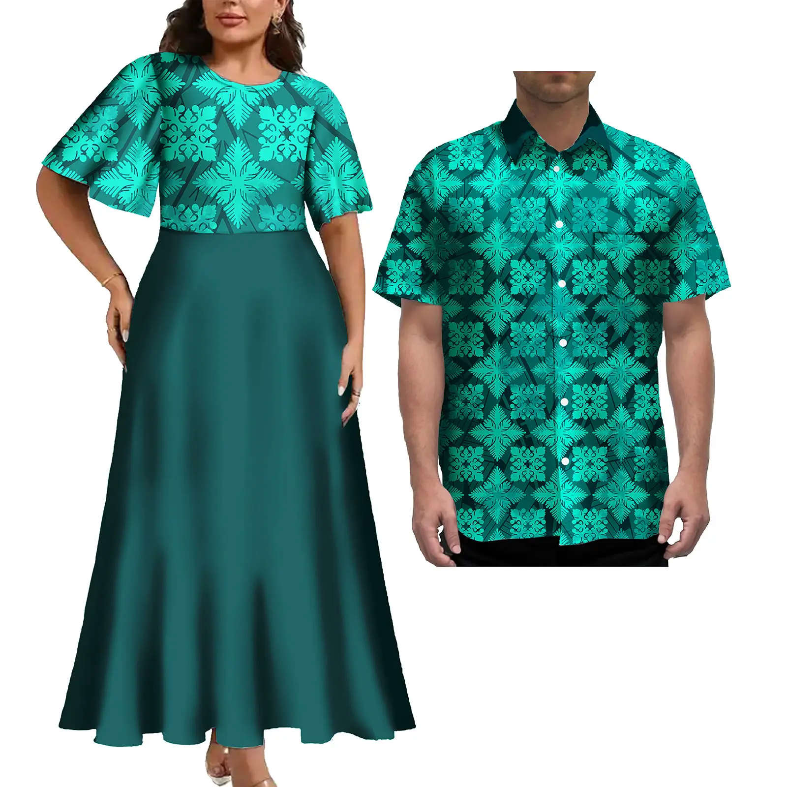 เสื้อผ้าโปลีนีเซียที่หรูหรา Samoan Tapa พิมพ์แฟชั่นคู่รักชุดจับคู่ชุดและเสื้อเชิ้ต Pacific Island สําหรับผู้ชายและผู้หญิง