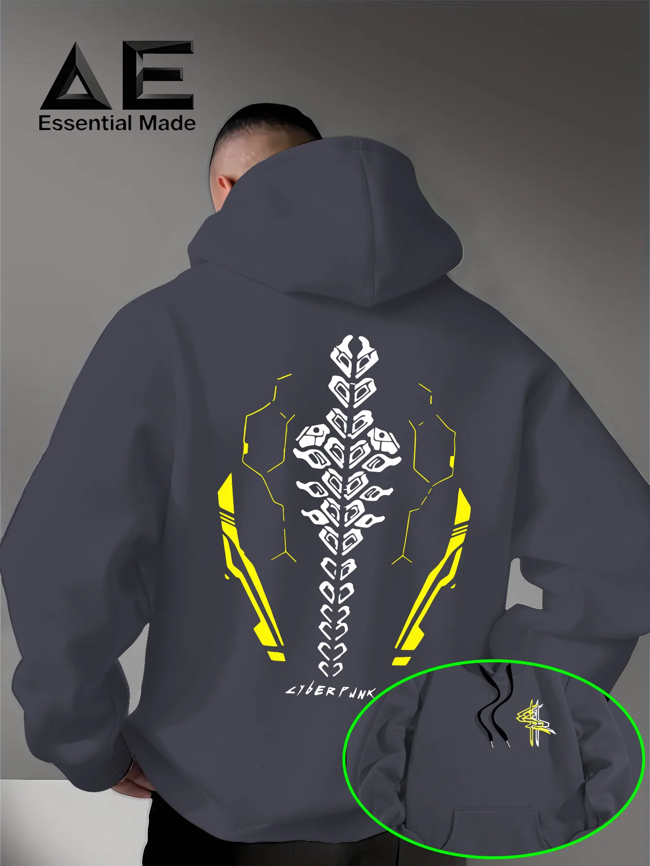 Herbst/Winter Herrenmode Kapuzenpullover mit Cyberpunk-Mechanischem Rücken-Print für Alltag, Pendeln und Fitness – Detail 5