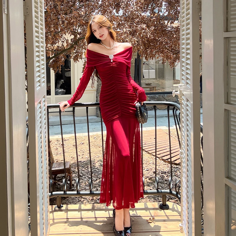 가을 블랙 레드 패치워크 메쉬 V넥 긴팔 섹시 클럽 드레스 여성 우아한 오프숄더 휴가 플리츠 랩 힙 드레스