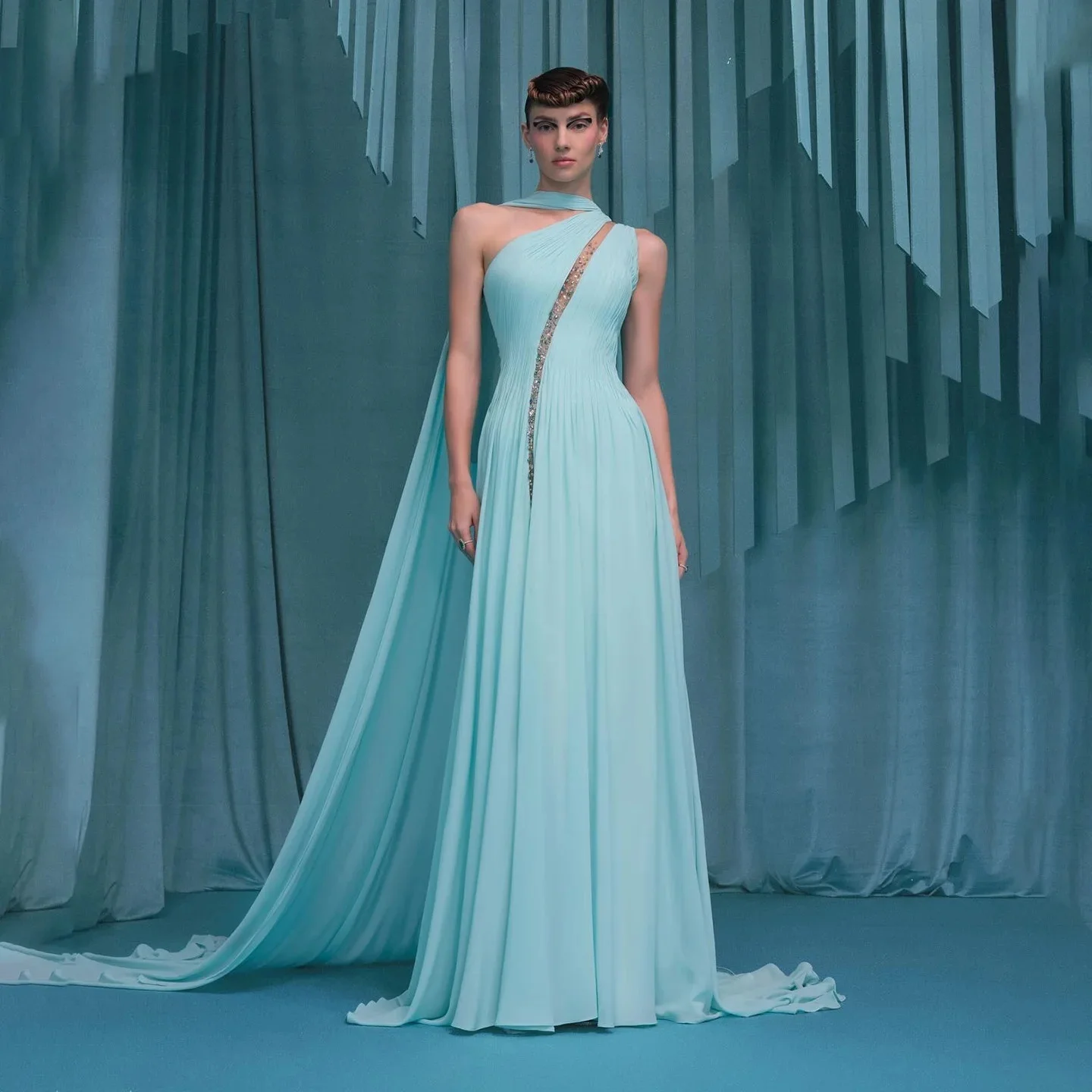 

Custom Customized Long O-Neck Chiffon Evening Dresses with Slit/Cape A-Line Beaded Floor Length Prom Dress for Women