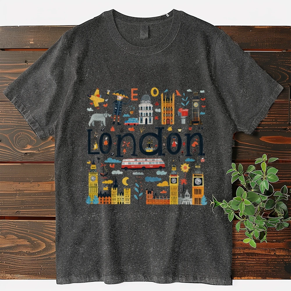 Contrast Color Cotton T-Shirt London Letter House Print Loose Wash Old Shoulder Crew Neck Designer New Summer Short Sleeves