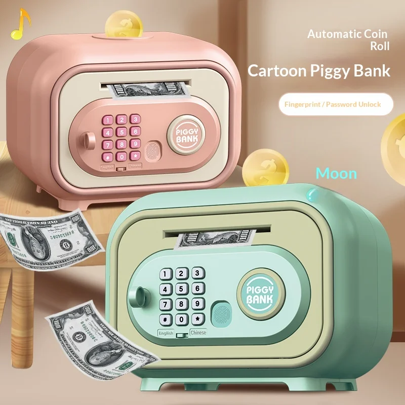 

Electronic Piggy Bank Cartoon Kids Automatic Bill Rolling Fingerprint Password Unlock Large Capacity Money Box Toy Gift