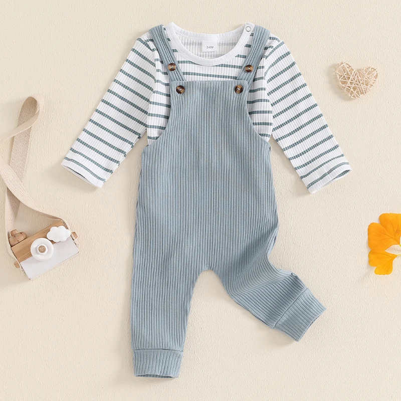 Pudcoco Infant Kids Baby Boys Girls Fall Outfits Long Sleeve Stripes Print Romper + Overalls Set Clothes 0-18M