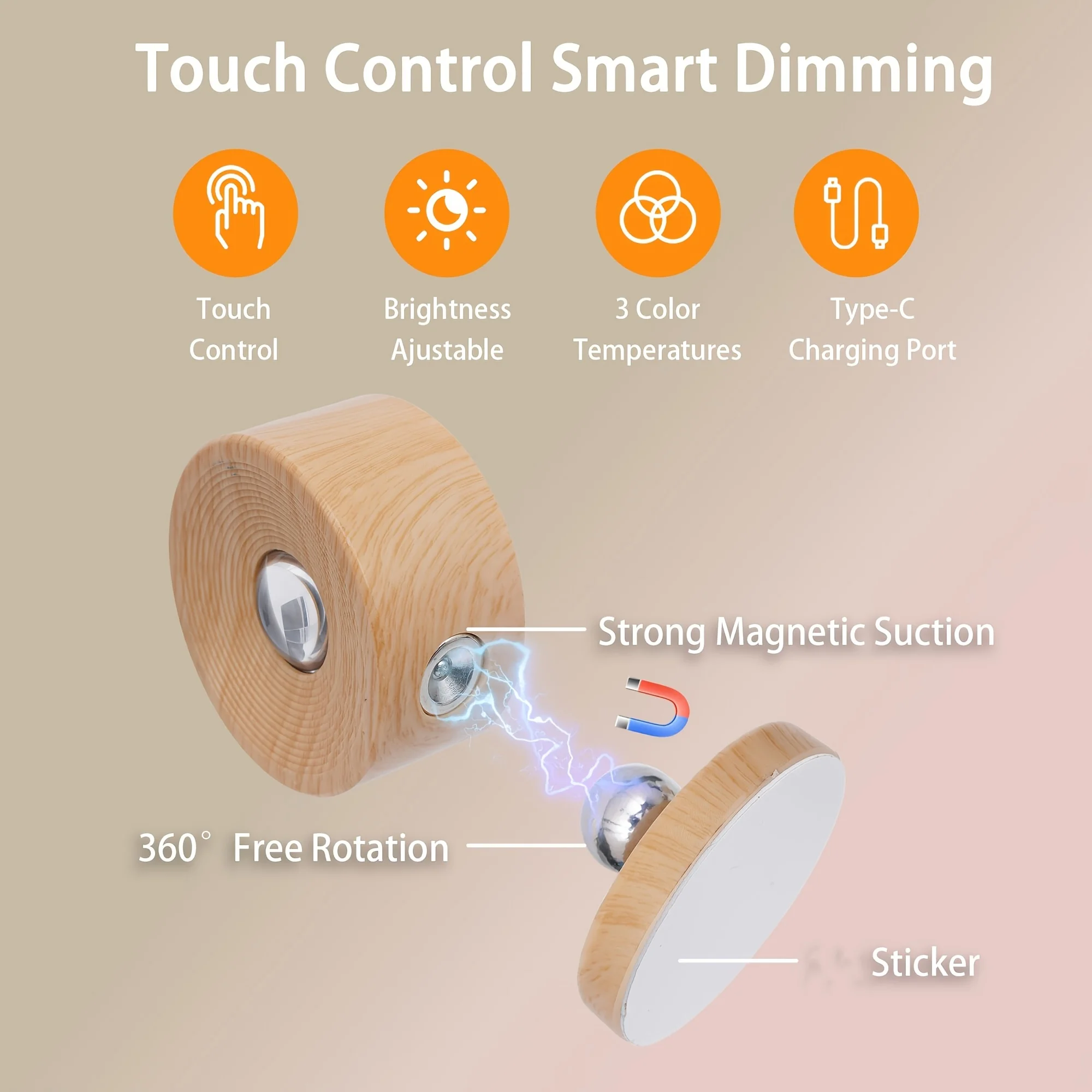 Magnetic Cordless Night Light 3 Color Temperatures & Dimmable Wall Lights 360° Rotation LED Wall Mounted Lights for Bedroom