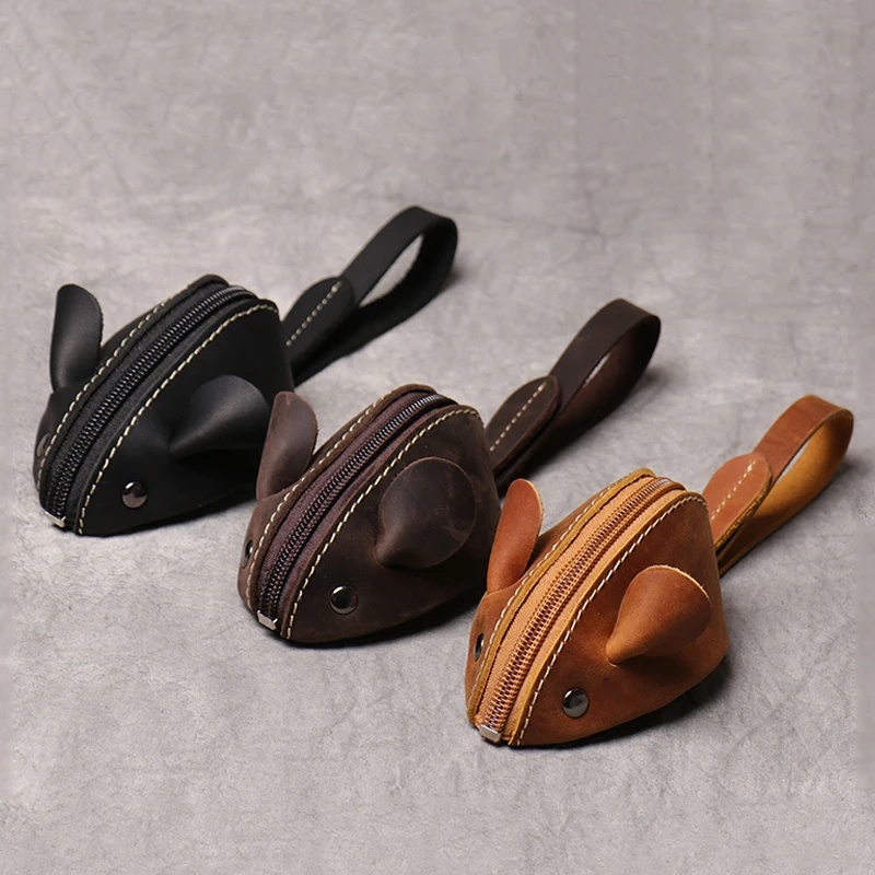 جلد طبيعي محفظة نسائية للعملات المعدنية الإبداعية لطيف ماوس حقيبة التخزين الاتجاه سستة جيب الرجال النساء المحمولة محافظ حقائب مفاتيح الأطفال #2