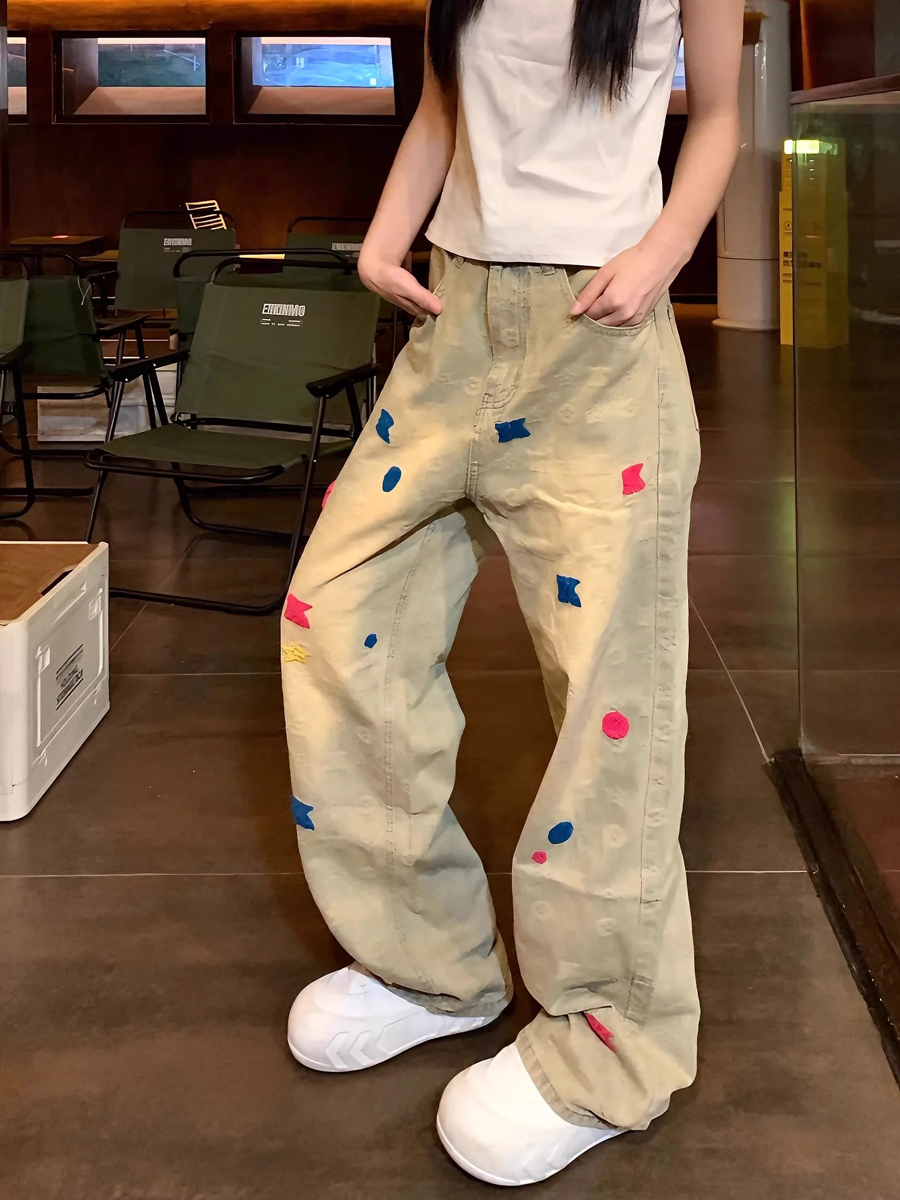 

Ретро-джинсы в американском уличном стиле с вышивкой, свободные прямые брюки с эффектом похудения, длинные уличные брюки для мужчин и женщин