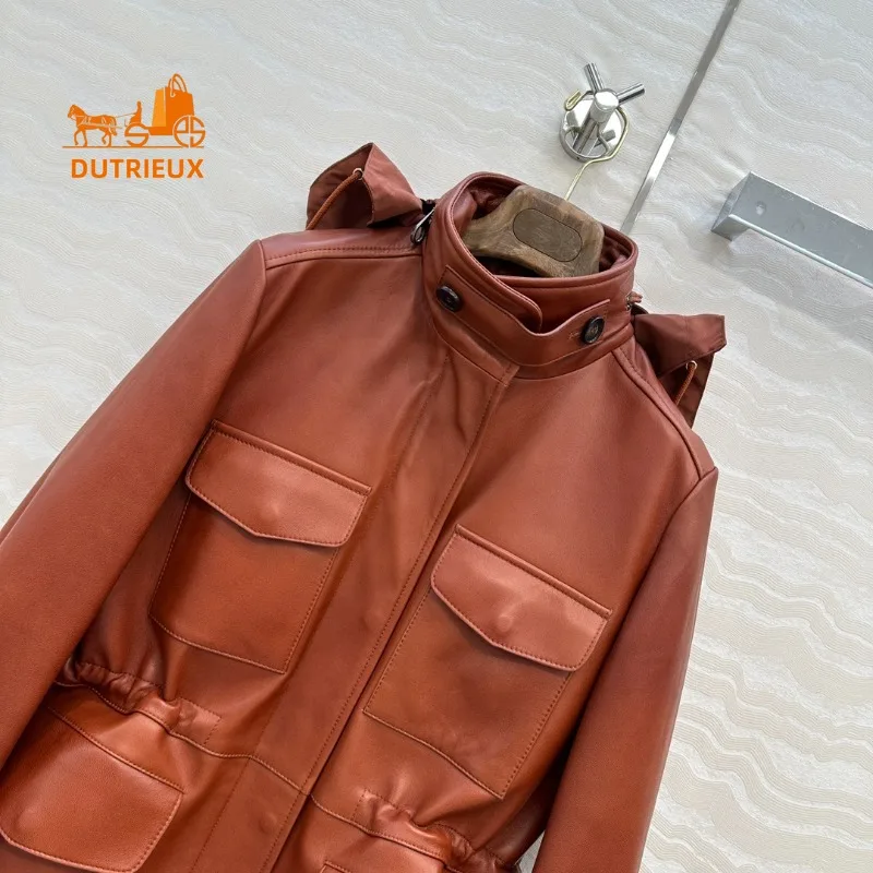 Winter Women's Adjustable Waist Traveler Stand Collar Hooded Leather Jacket, 100% Genuine Sheepskin Versatile and Gorgeous Coat
