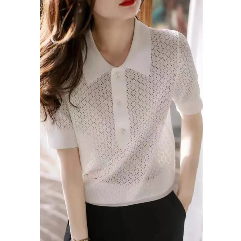 Fashion POLO lapel out knitted ice silk short sleeve feminine summer clothes loose thin cotton thread half sleeve T-shirt