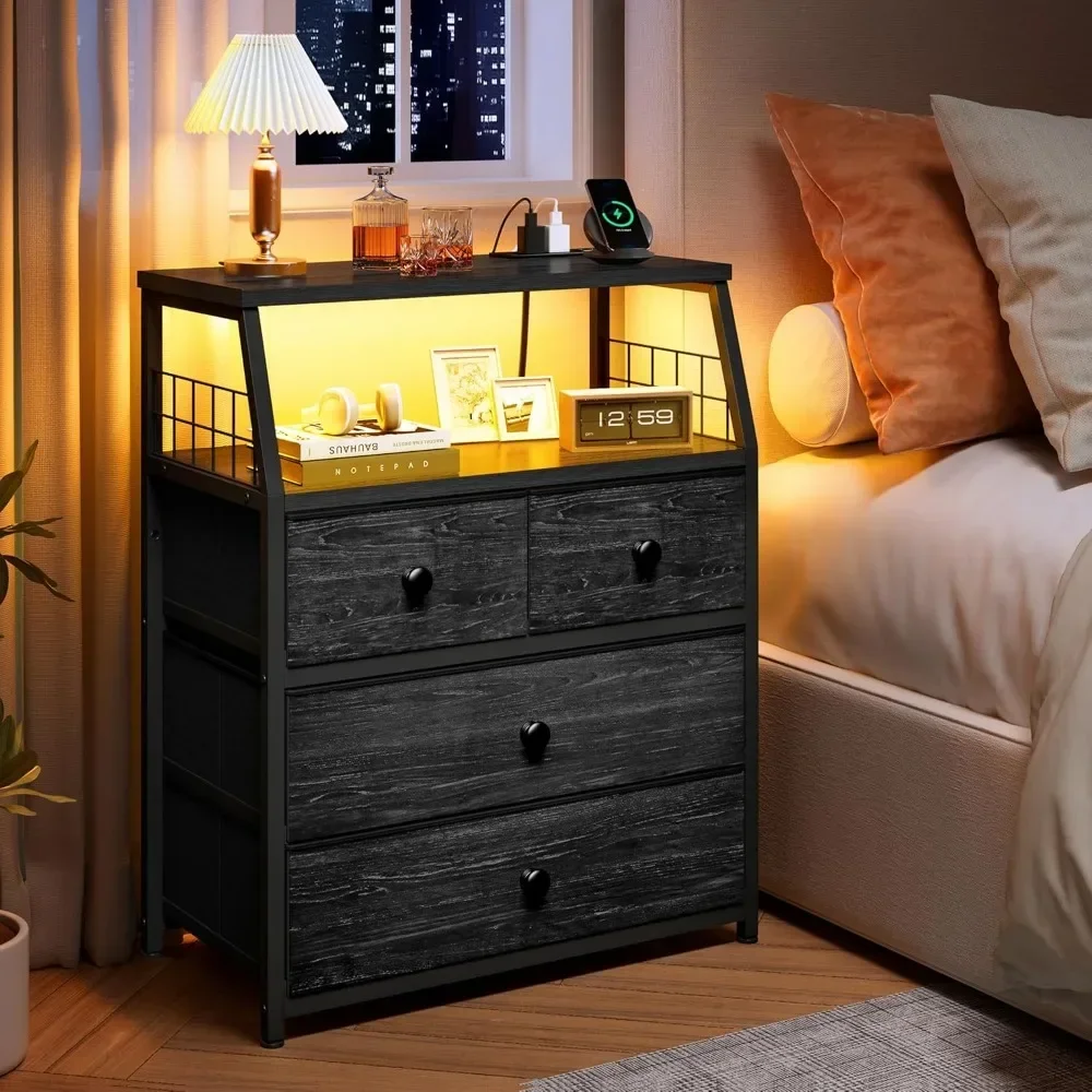 Nightstands,Nightstand with Charging Station & LED Lights Black Nightstands Set of 2 nightstand with Drawer & Shelve night stand