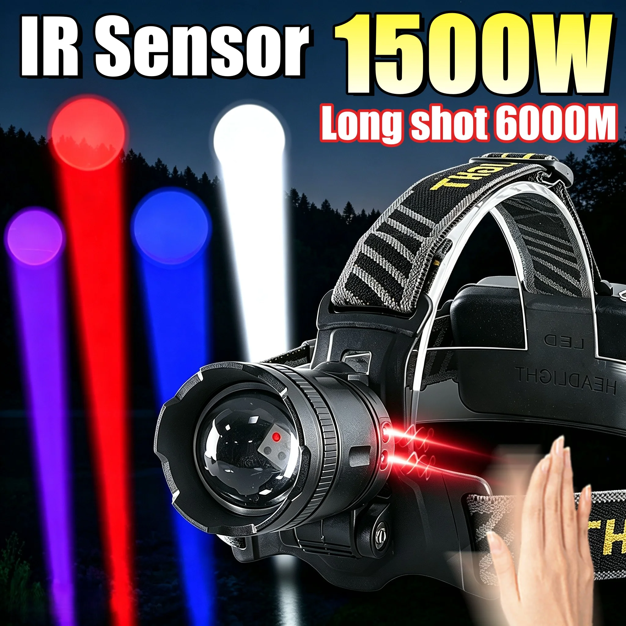 Super Bright IR Sensor LED Headlamp Multi‑Color Light Long Shot 6000M USB Rechargeable Waterproof Headlight For Fishing Camping