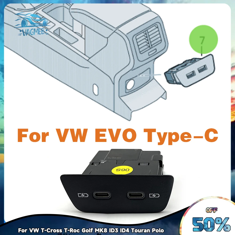 

USB port dual TypeC USB-C For VW EVO 2020 -2024 T-Cross T-Roc Golf MK8 ID3 ID4 Touran Polo Arteon Variant B8